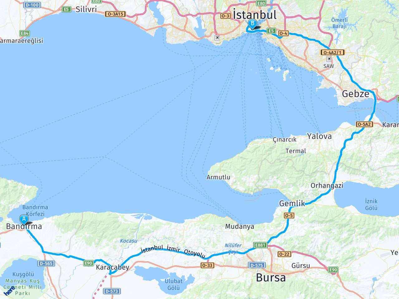 bandirma istanbul arasi mesafe bandirma istanbul yol haritasi bandirma istanbul kac saat kac km