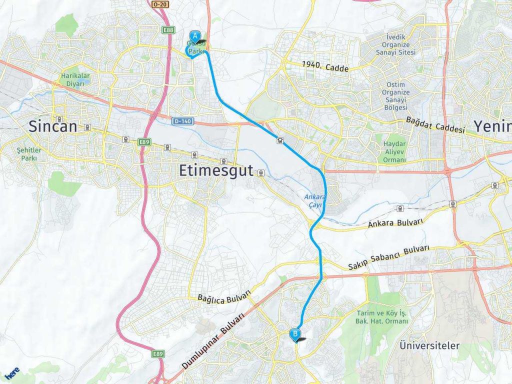 Ankara Eryaman Göksu Park Ankara Çayyolu Arası Kaç Kilometre?