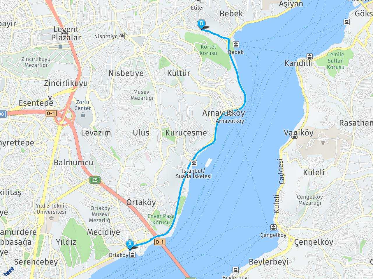 İstanbul Kabataş İskelesi Arnavutköy Bebek Arası Kaç Kilometre?