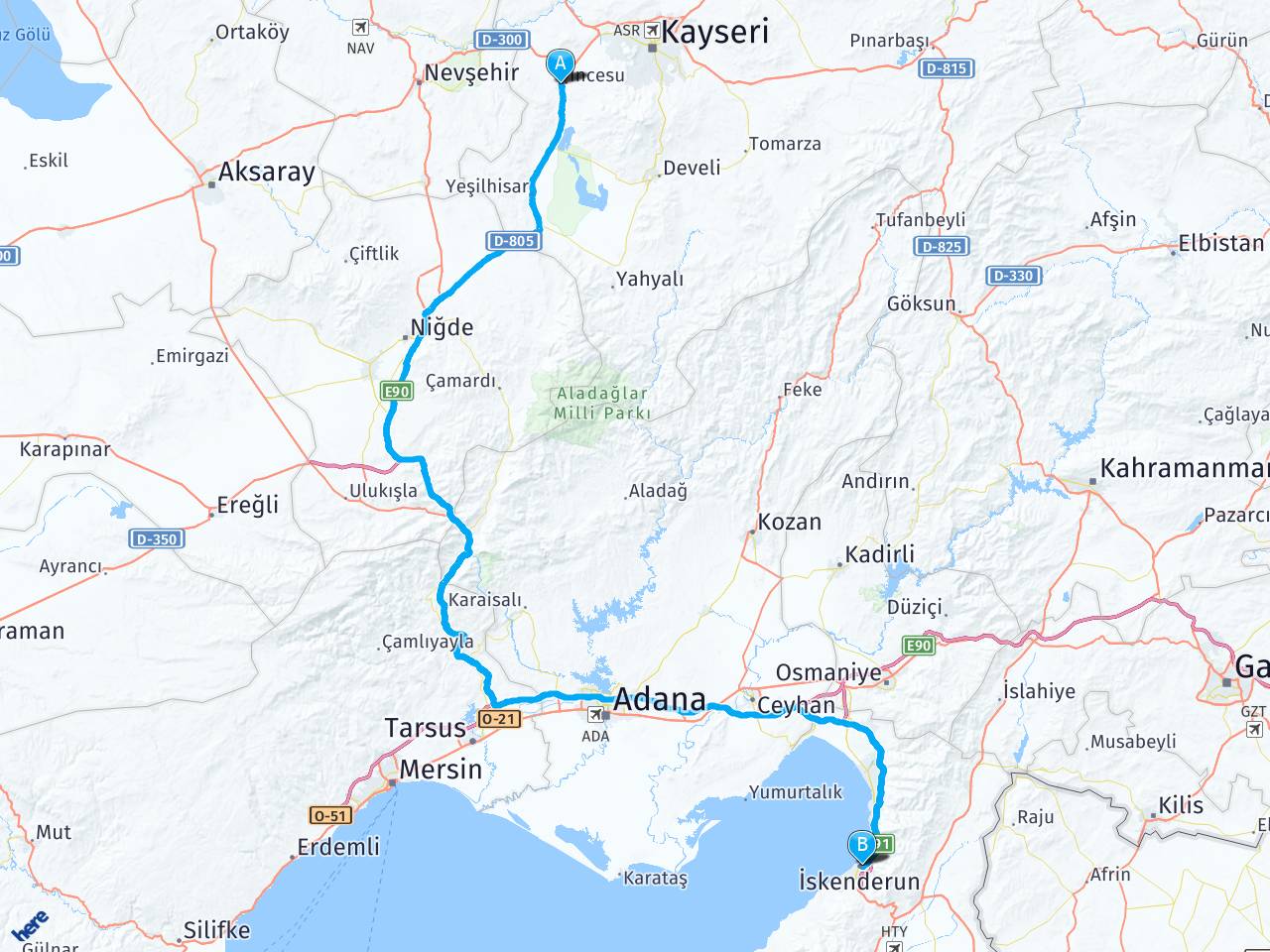 kayseri incesu iskenderun arasi mesafe kayseri incesu iskenderun yol haritasi kayseri incesu iskenderun kac saat kac km