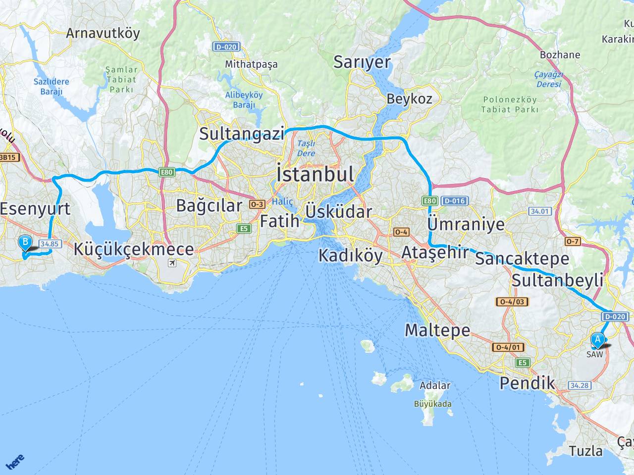 Sabiha Gokcen Havaalani İstanbul Beylikdüzü haritası