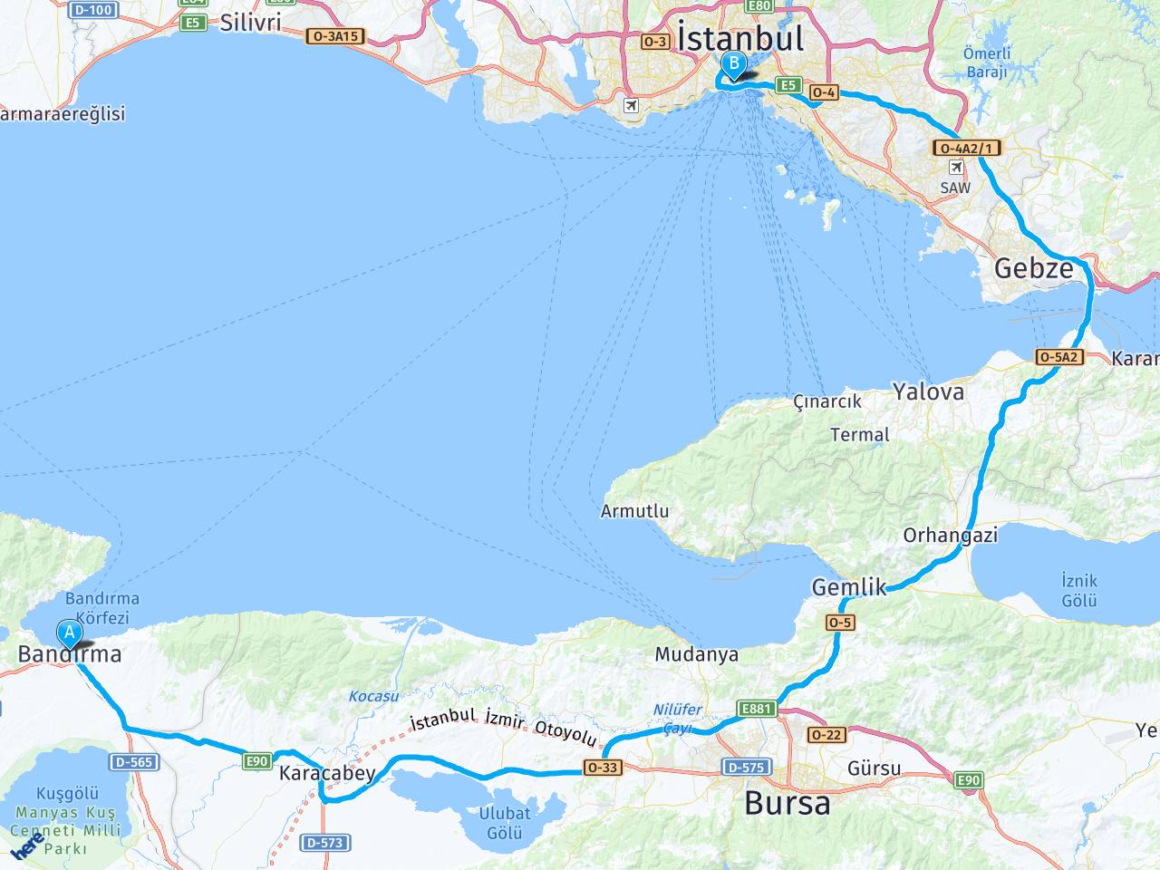 Bandirma İstanbul haritası