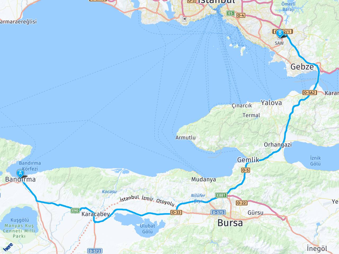 Bandirma İstanbul sabiha gökçen havalimanı haritası