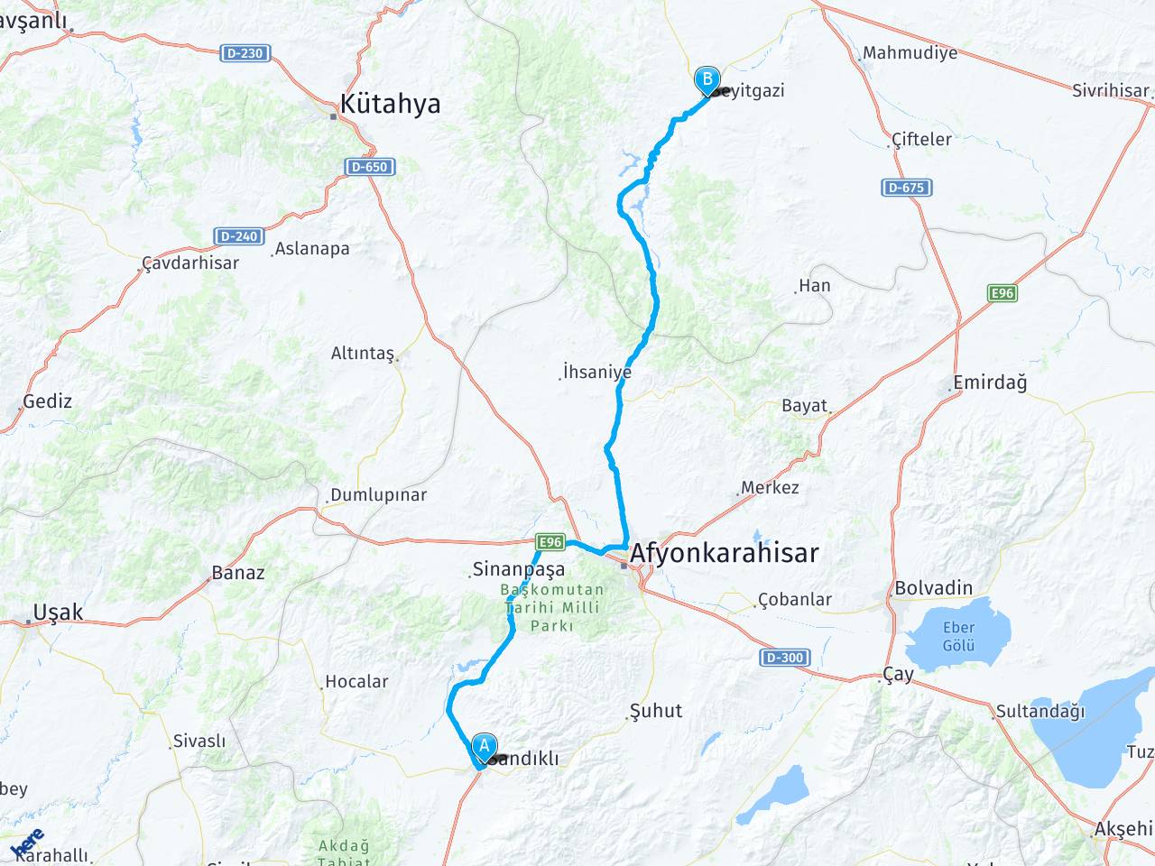 Afyon, Sandikli Eskişehir Seyitgazi Arası Kaç Km haritası