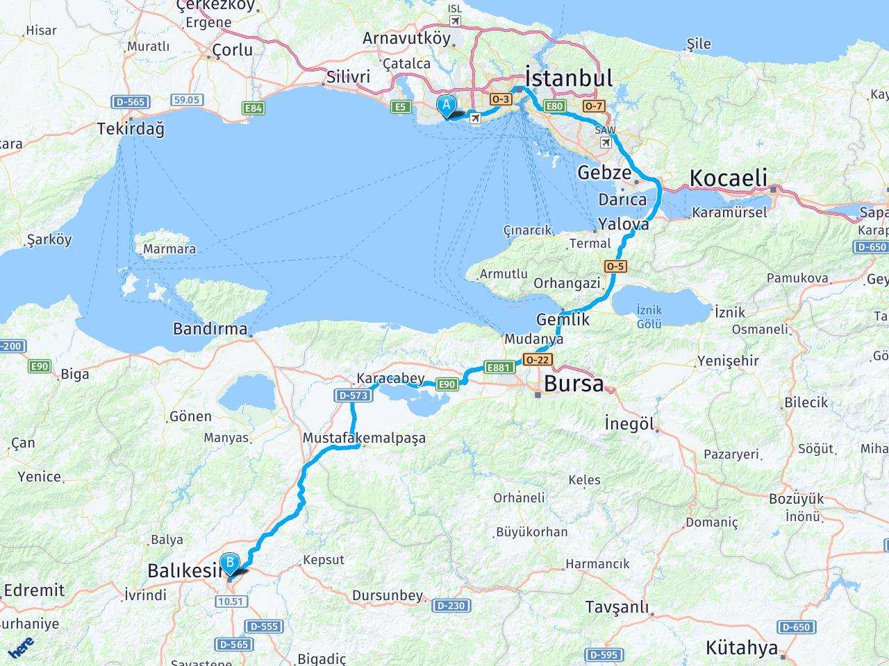 Ambarli İstanbul Balıkesir haritası