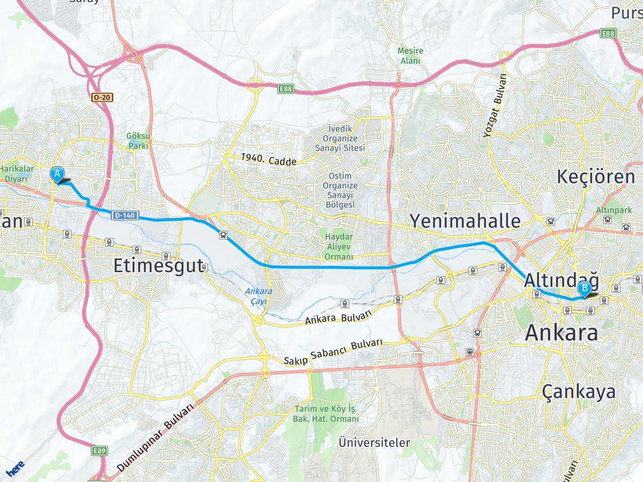 Ankara Eryaman Mahallesi Ankara Hamamönü Sokak Arası Kaç Kilometre?