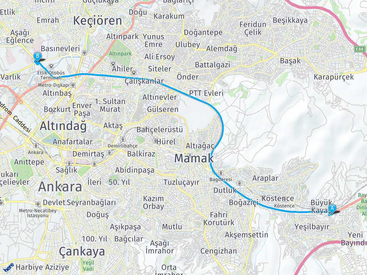 Ankara Kayaş Ankara Etlik Gülhane haritası