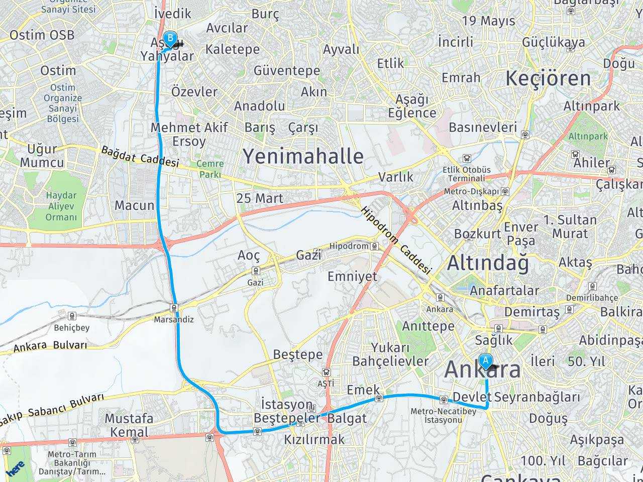 Ankara Kızılay 990. Sokak Aşağı Yahyalar Yenimahalle Ankara haritası