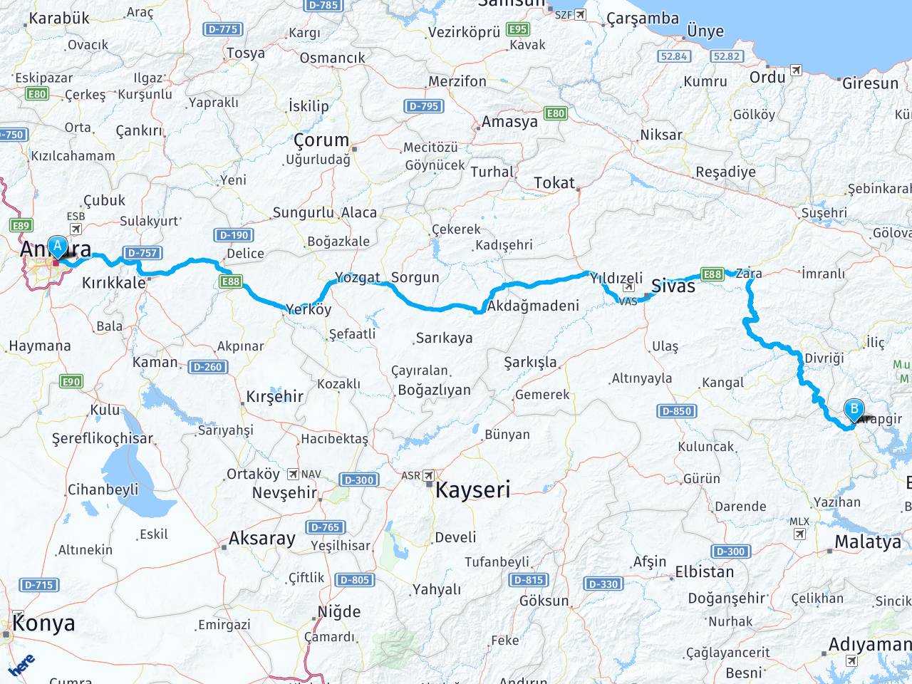 Ankara Malatya haritası
