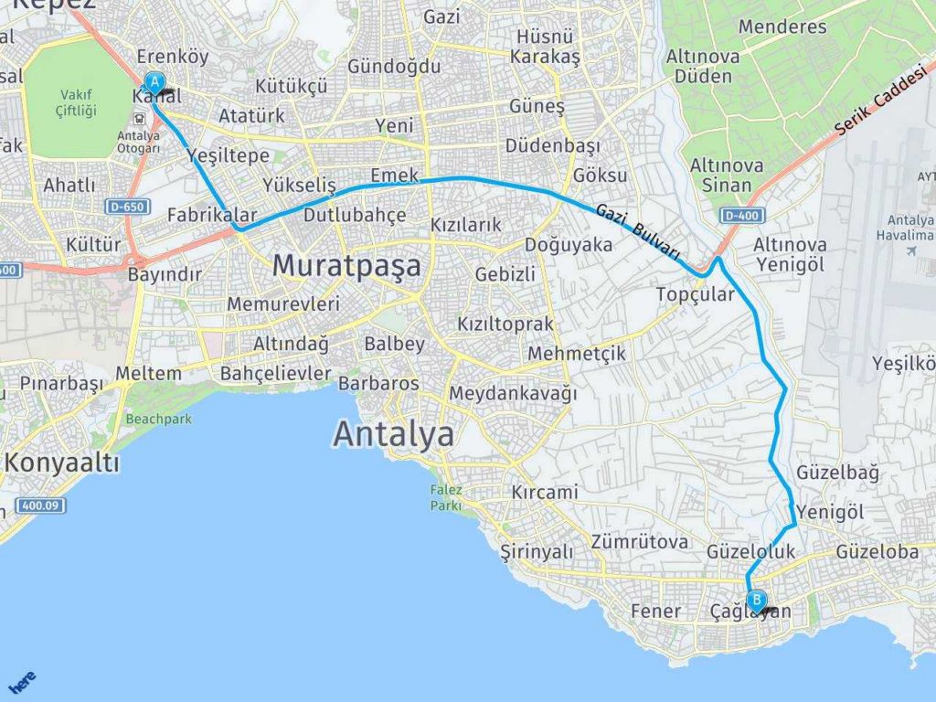 Antalya kanal mahallesi Barınaklar Bulvarı haritası