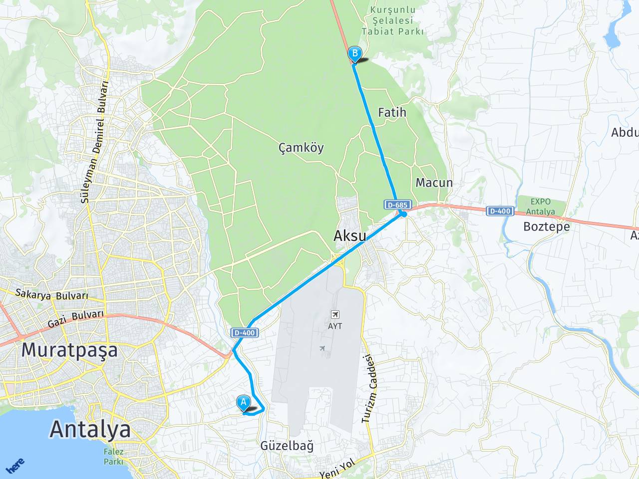 Antalya Muratpaşa Kurşunlu Şelalesi Antalya haritası