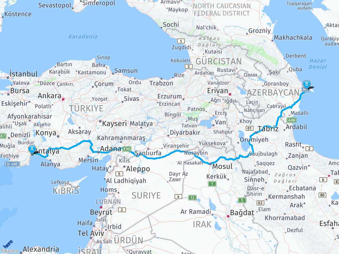 Antalya Turkiye Baku Azerbaycan haritası