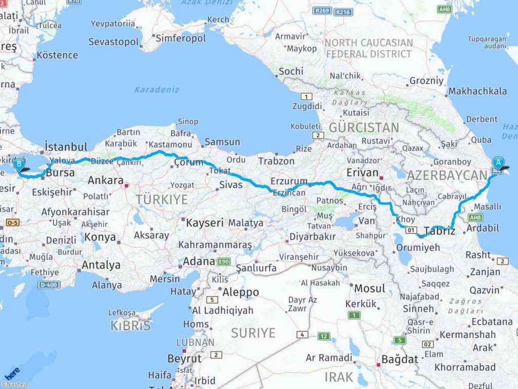 Baku Azerbaycan Turkiye bandrma haritası