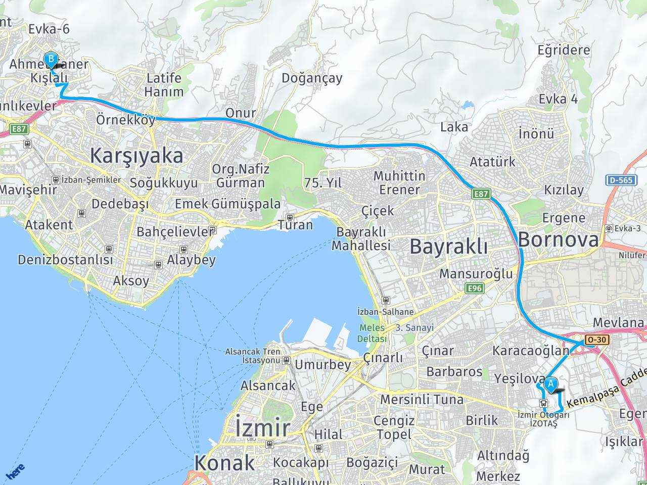 bornova otogar İzmir çiğli evka2 haritası