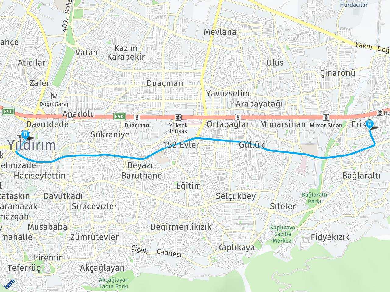 Bursa Erikli Erikli Bursa Yıldırım Yüksek İhtisas Metro İstasyonu haritası