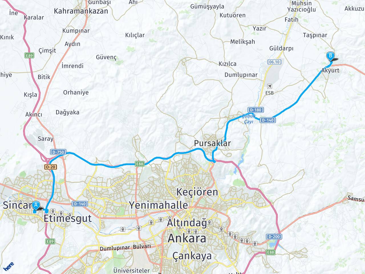 Elvankent Ankara Esentepe Sokak Yeşiltepe Akyurt Ankara haritası