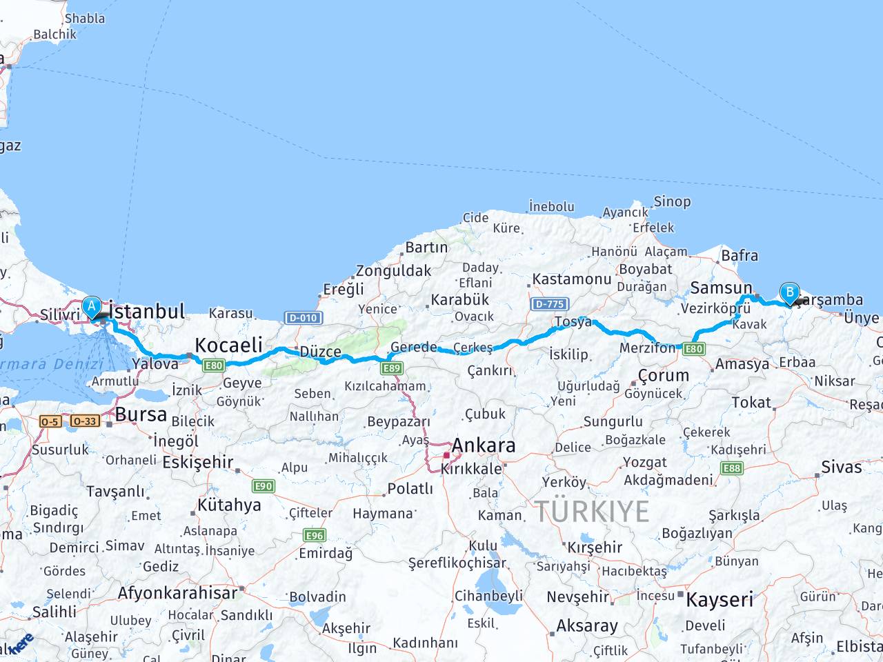 Esenler İstanbul Samsun Çarşamba haritası