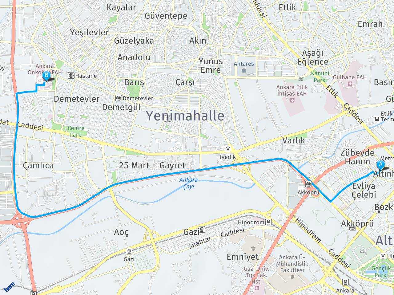 Etlik Zübeyde Hanım Kadın Doğum Ankara Abdurrahman Yurtaslan Onkoloji Hastanesi haritası