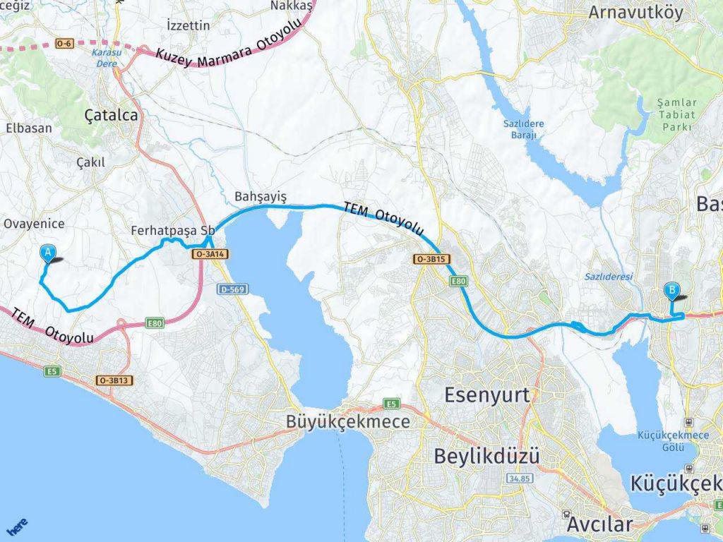 İstanbul Çatalca Durusu Terkos Gölü Başakşehir Olimpiyat Stadı Yolu haritası