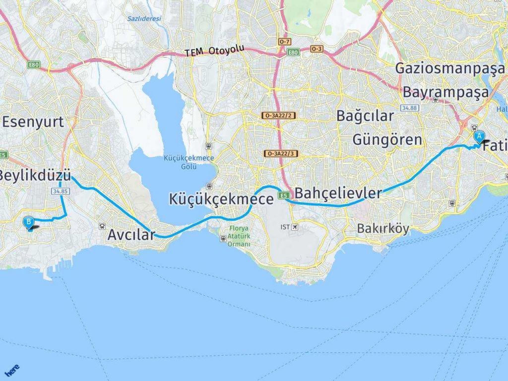 İstanbul Fatih Köprülü Mehmet Paşa Sokak Kavaklı Beylikdüzü İstanbul haritası