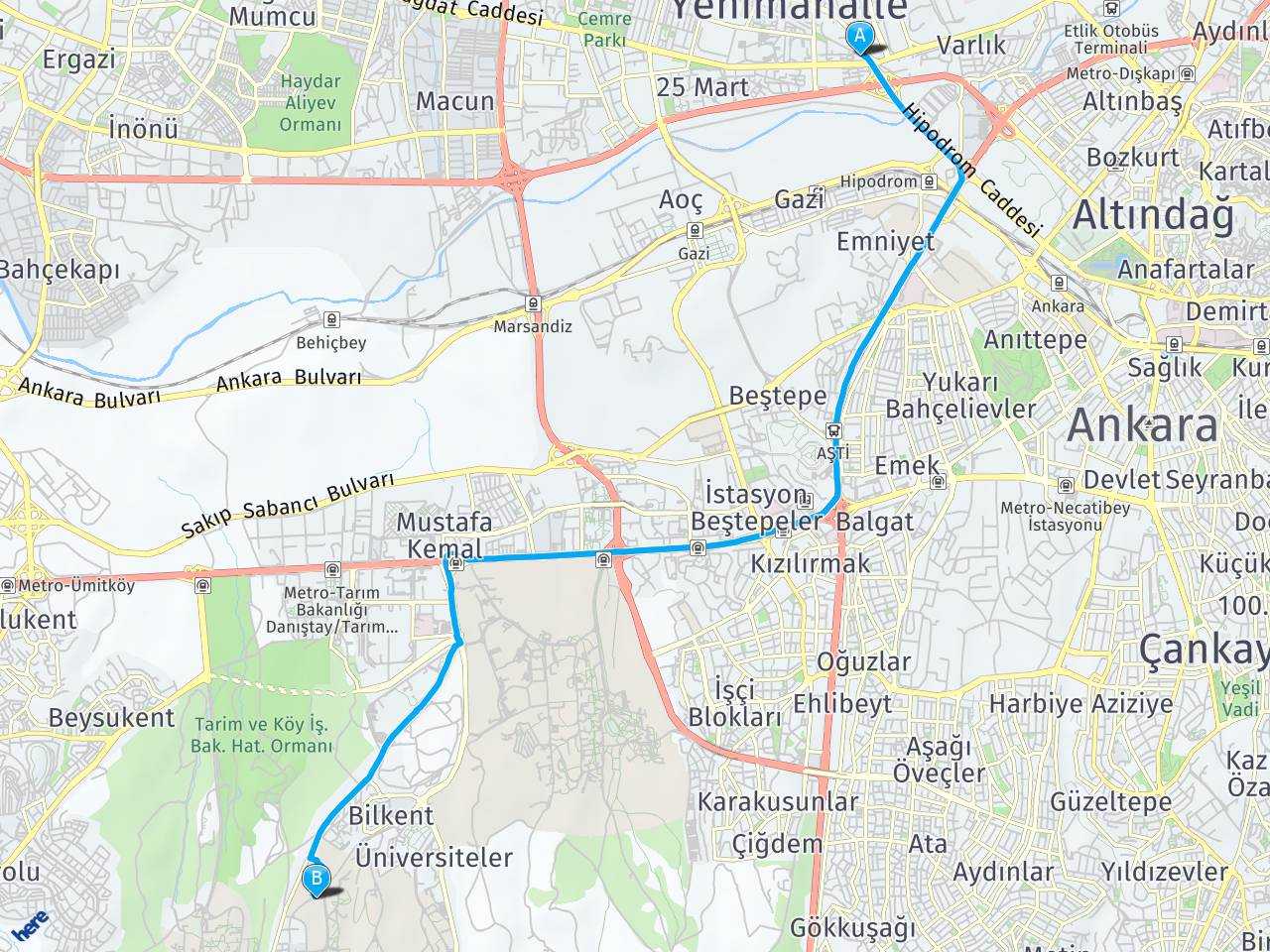 İvedik metro Ankara Bilkent Üniversitesi haritası