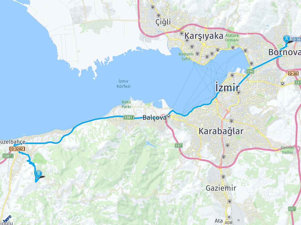 İzmir bornova izmir güzelbahçe haritası