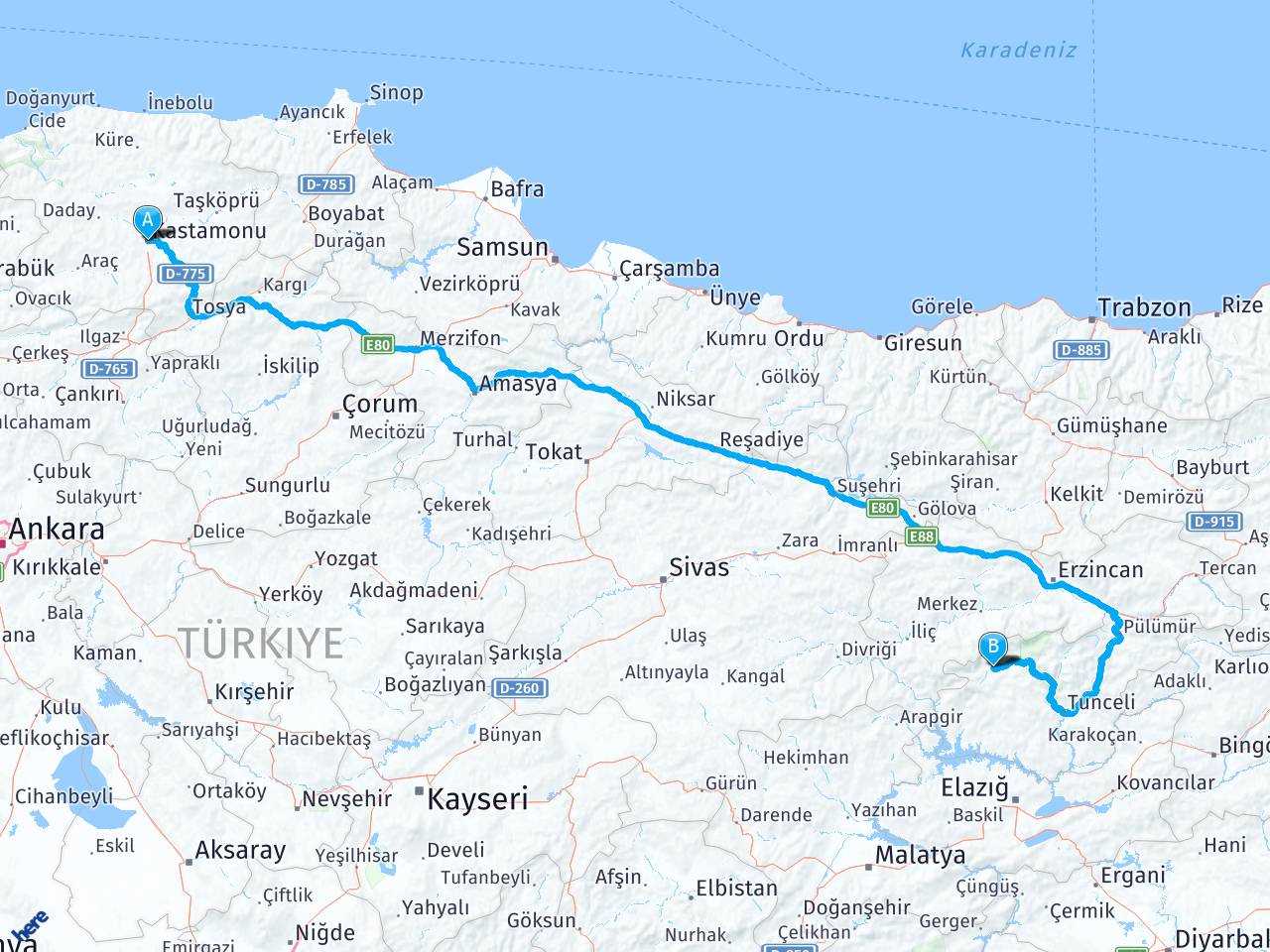 Kastamonu Karayonca Ovacık Tunceli haritası