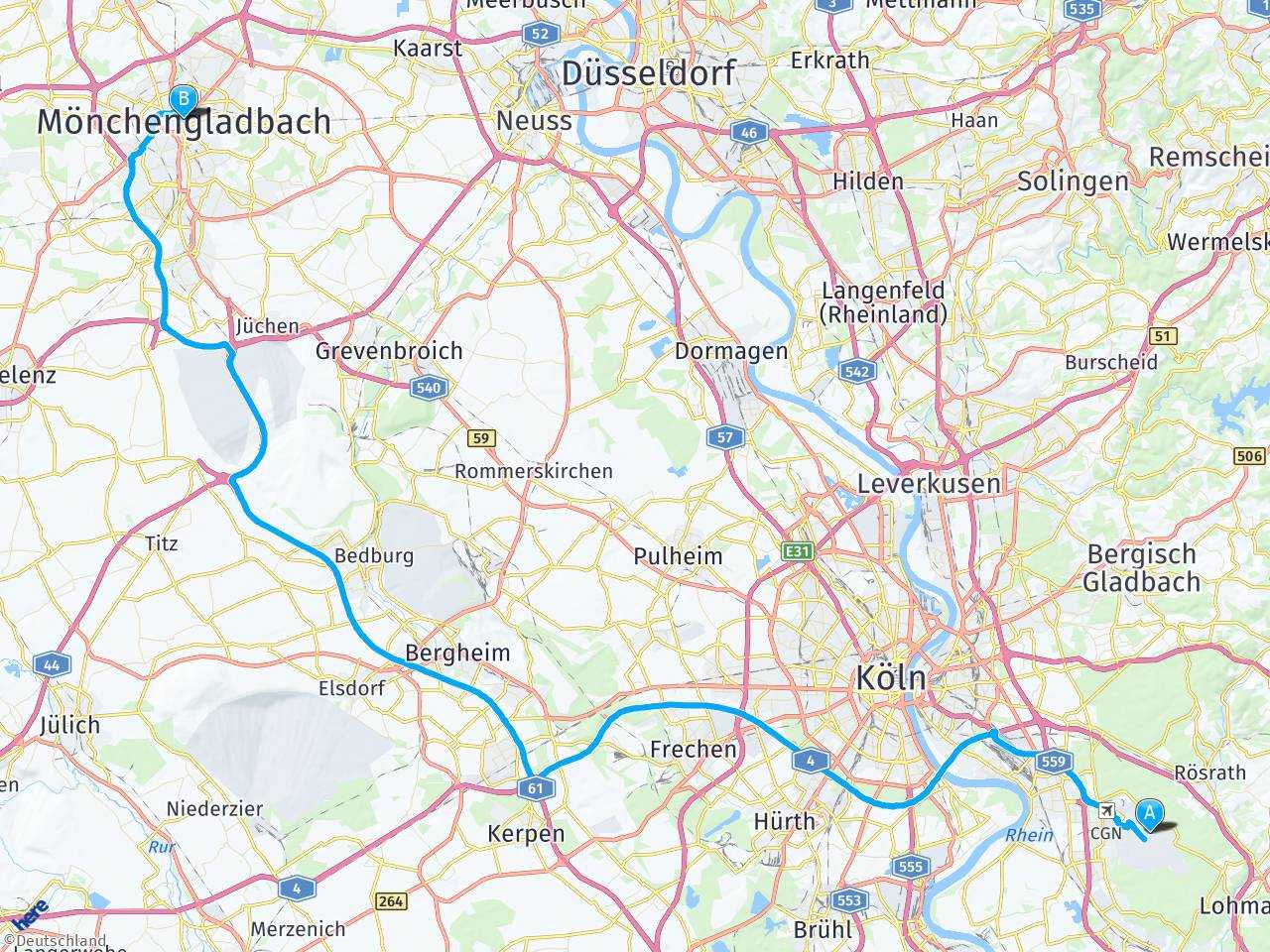 Köln, havaalanı Monchengladbach haritası