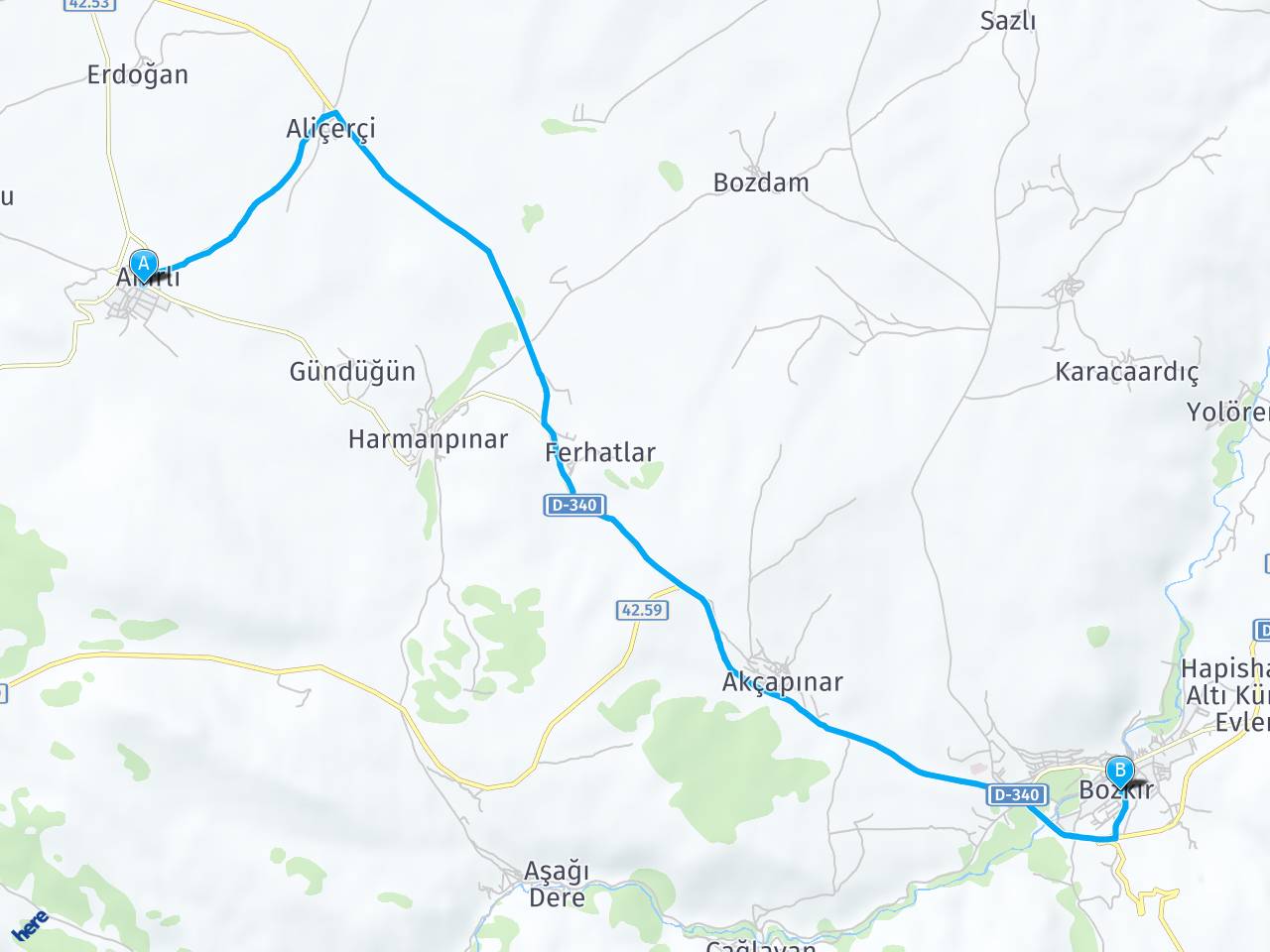 Konya Merkez Konya Bozkır arası kaç im haritası