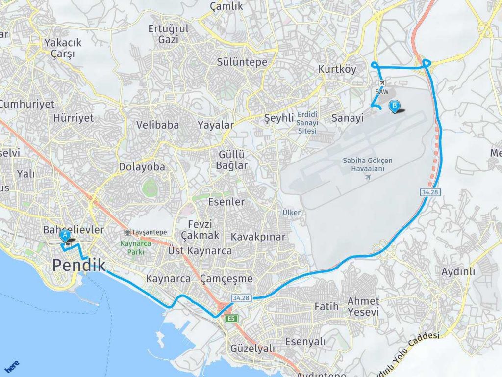 pendik tren İstasyonu Sabiha Gökçen Havalimanı haritası