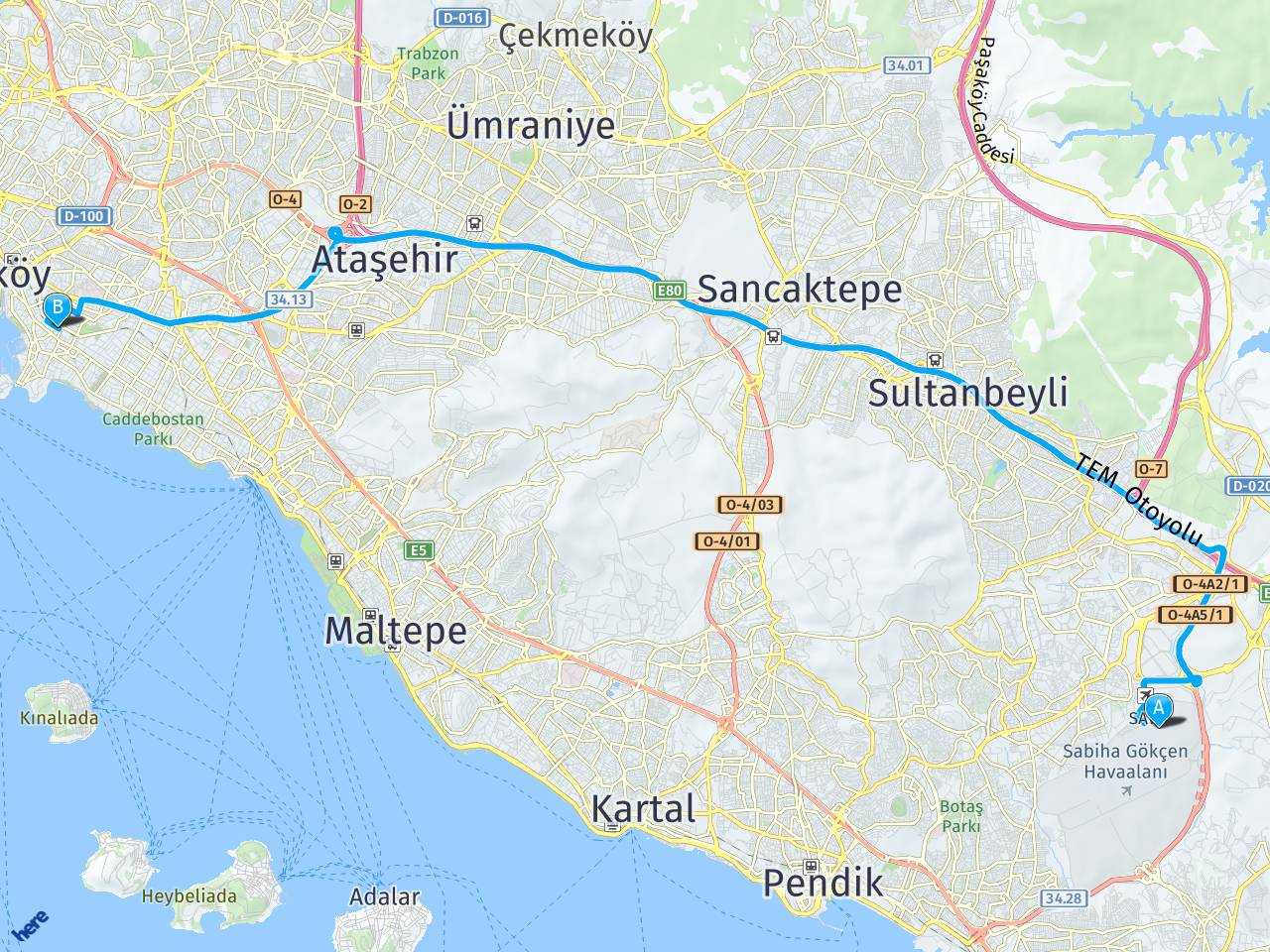 Sabiha Gokcen feneryolu istanbul haritası
