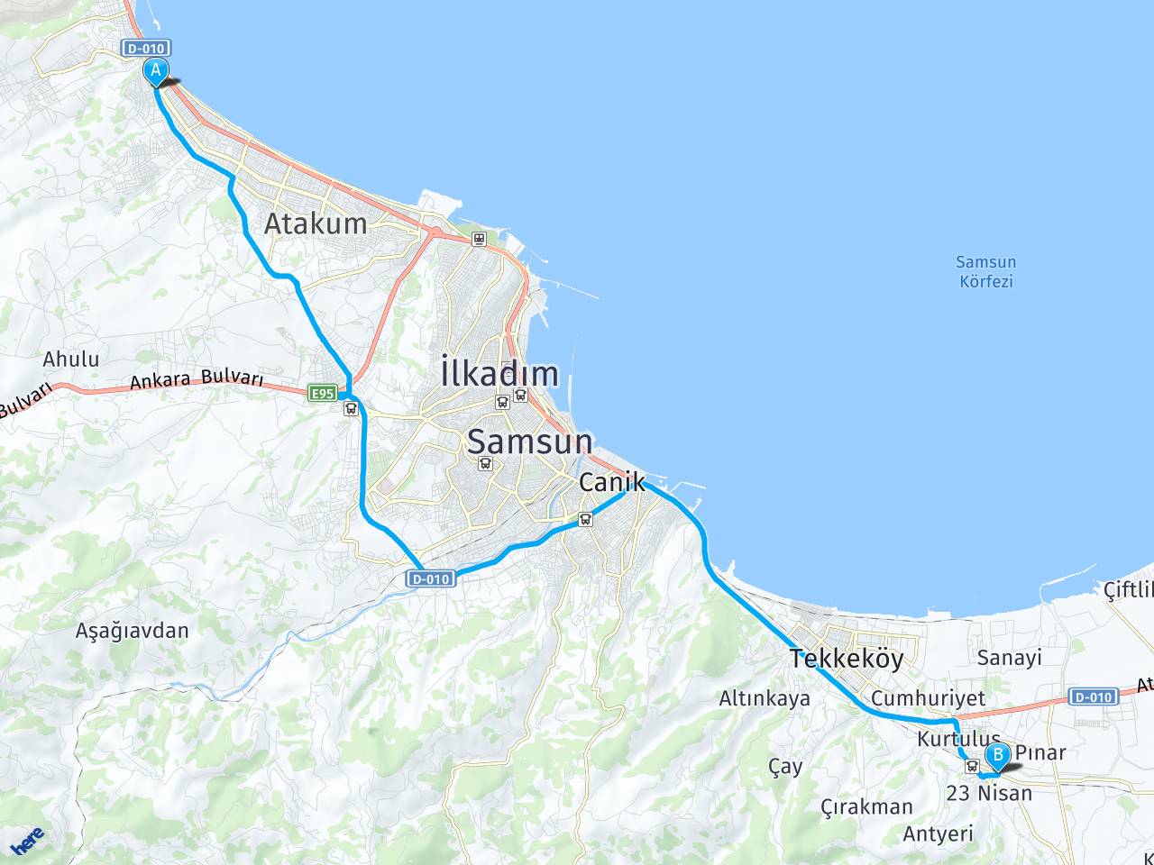 Samsun Atakent Tekkeköy Arası Kaç Kilometre?