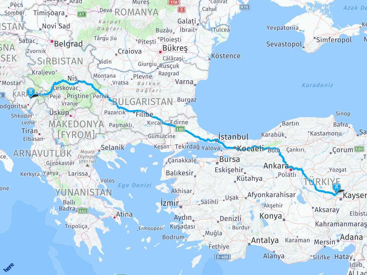 türkiye Karadağ haritası